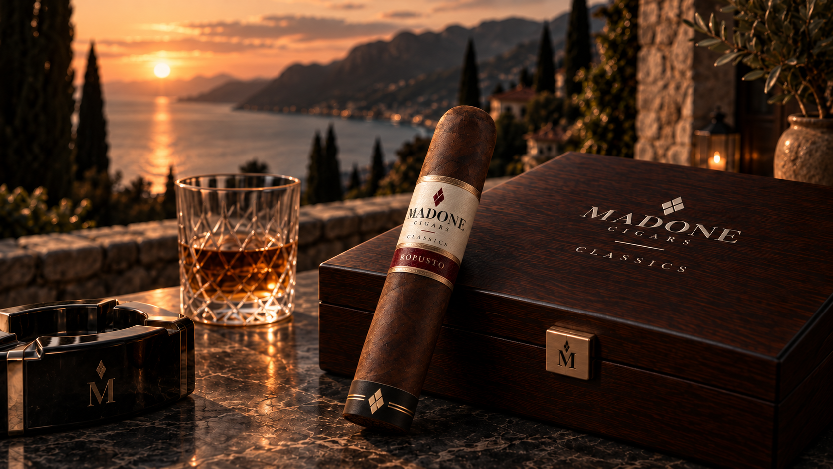 A Madone Classics Robusto and its box on a stone terrace at sunset, looking out over the Côte d’Azur.